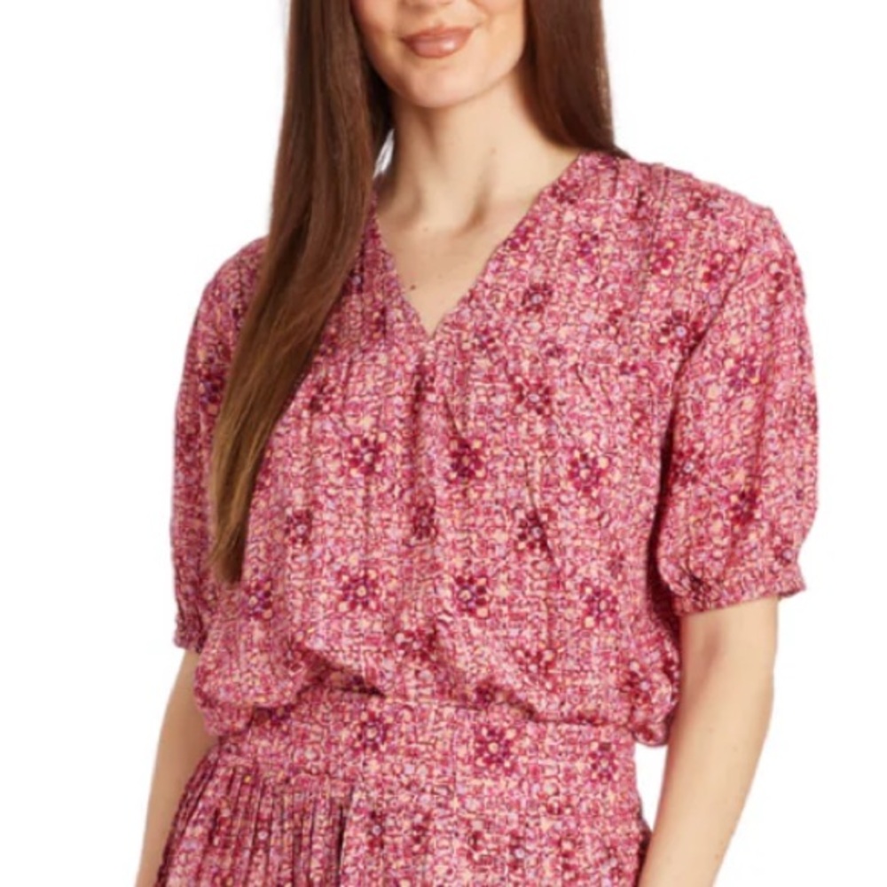 TAYLOR TILLMAN NEW YORK KAYLA PLEATED SHORT-SLEEVE TOP Size L - Picture 2 of 9